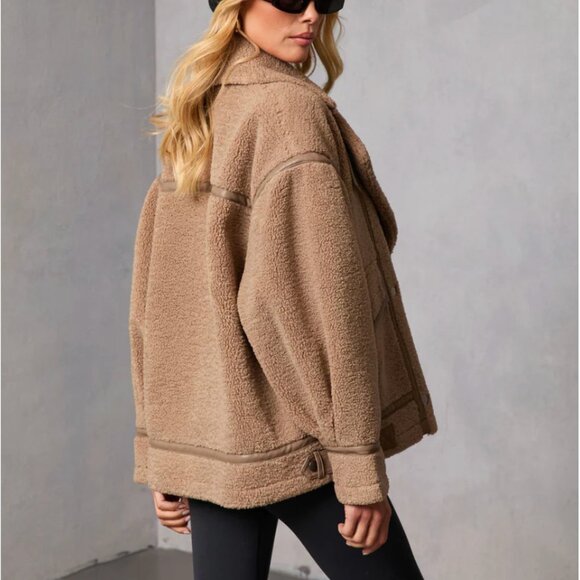Evans Oversized Sherpa Bomber Jacket in Mocha | Vici - Picture 3 of 3
